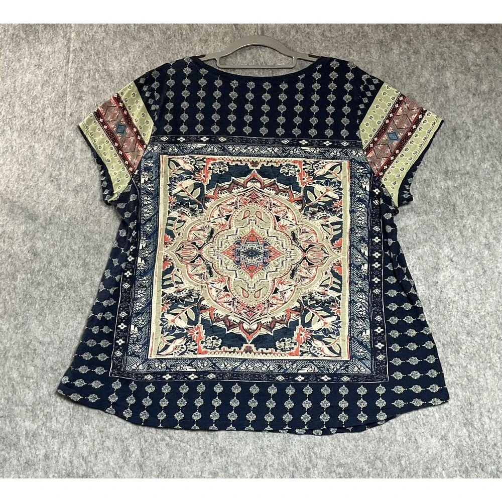 Lucky Brand Shirt Womens Plus 2X Blue Floral Short Sleeve Scoop Neck Boho Top
